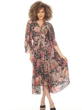 Johnny Was Floral & Leopard Mix Dress - Pink, Yellow, Black